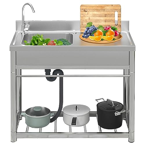 Évier extérieur en acier inoxydable pour lavabo, évier de cuisine à cuve unique, évier de service autoportant, évier autoportant avec plan de travail et robinets d'eau, évier de cuisine avec
