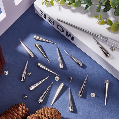 GORGECRAFT 1 Box 30Pcs Cone Spikes 7 x 38mm Long Spike Rivets Silver Metal Studs Bullet Tree Screwbacks Punk Leather Rivets for DIY Rock Bags Clothing Leather Craft Jacket Belt Shoes Bracelet - Image 4
