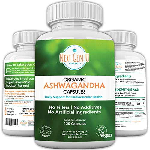 Next Gen U | 120 Organic Ashwagandha Capsules with Black Pepper | High Strength Withanolides | 4 Months Supply Easy Swallow | Soil Association Vegan Society Certified | Ayurveda Withania Somnifera