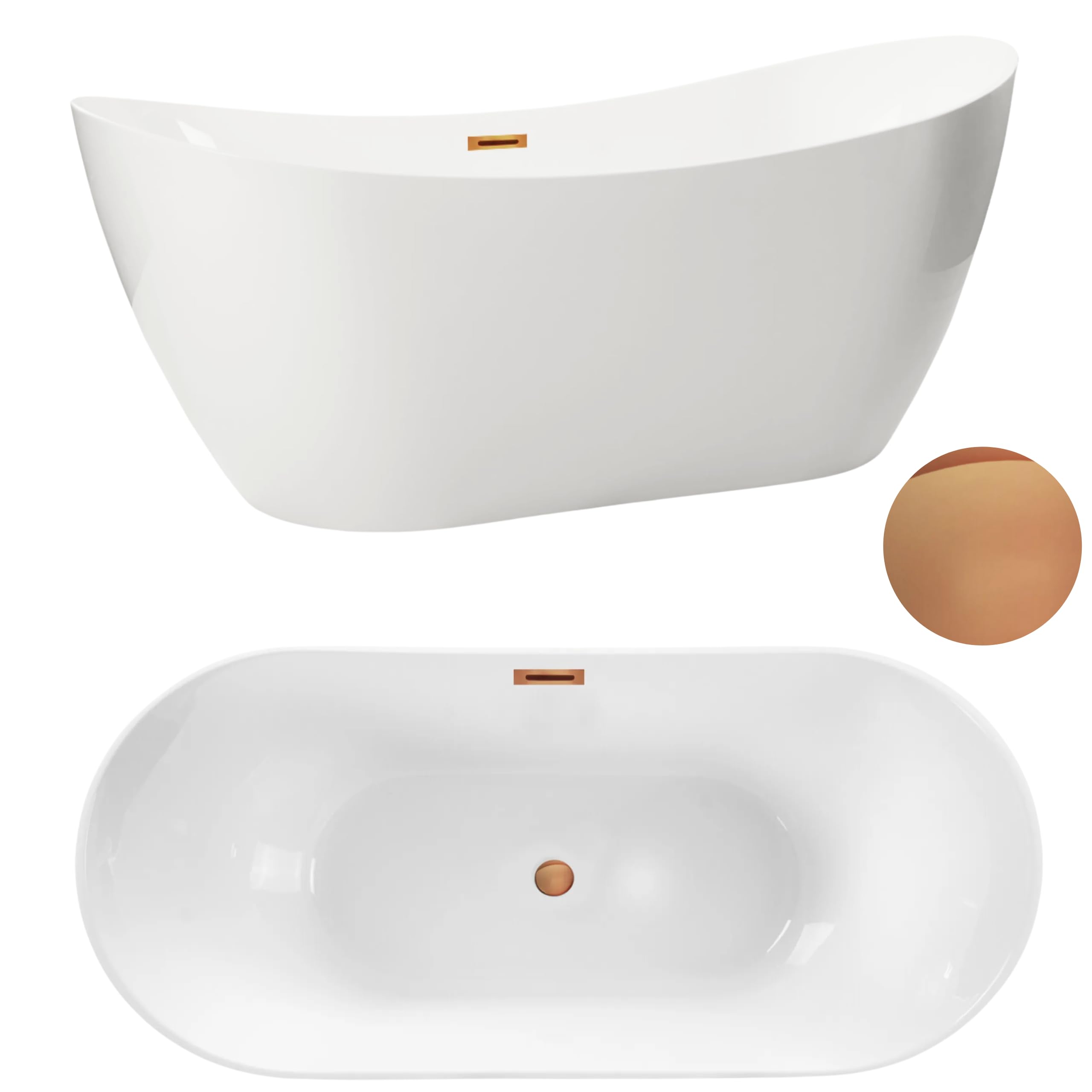 AQUAUNO Bañera acrílica independiente de 170 x 72 cm, ovalada, de acrílico sanitario de alta calidad, con desagüe clic-clac, rebosadero, cubierta, desagüe en cobre, diseño moderno para bañera