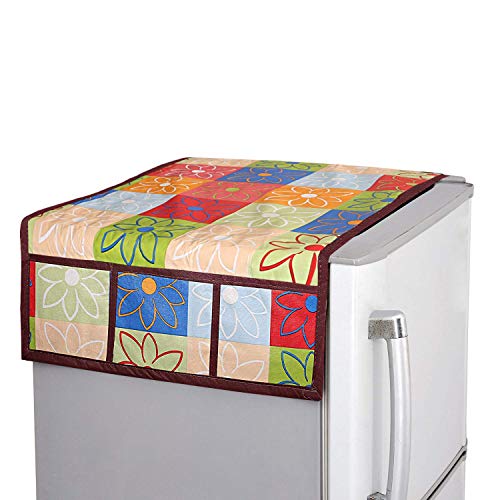Image of Kuber Industries Floral Design Combo PVC 3 Pieces Fridge Mats, 2 Piece Handle Cover and 1 Piece Fridge Top Cover(Multi)