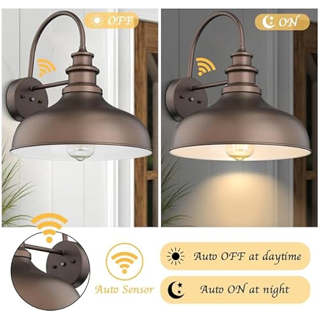 Bestshared Dusk to Dawn Sensor Farmhouse Gooseneck Barn Light - Wall Sconce for Porch, Ext. Light Fixtures (Orb+White, 1 Pack)