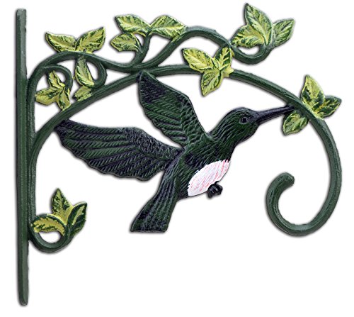 FLAG EMOTES Cast Iron Plant Hanger Flower Basket Hook Green Hummingbird with Pink Belly Heavy Duty 11.25' Deep Bracket