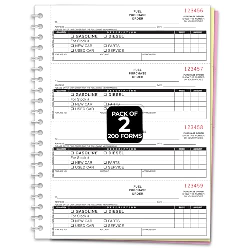 Fuel Purchase Order Book NC-124-3-Fuel - 8.5 x 11 3-Part Carbonless Fuel Purchase Forms, White Canary Pink NCR Fuel PO Book, Black Ink Red Numbering, 200 Forms - Pack of 2