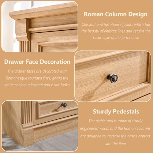 Image of Aitjunz 26 inch Tall 2 Drawers Dresser for Bedroom, Farmhouse 23.6 inch Wide Large Nightstand with Charging Station, Wood Rustic Side Table w /Roman Column, End Table for Bedroom, Living Room, Natrual