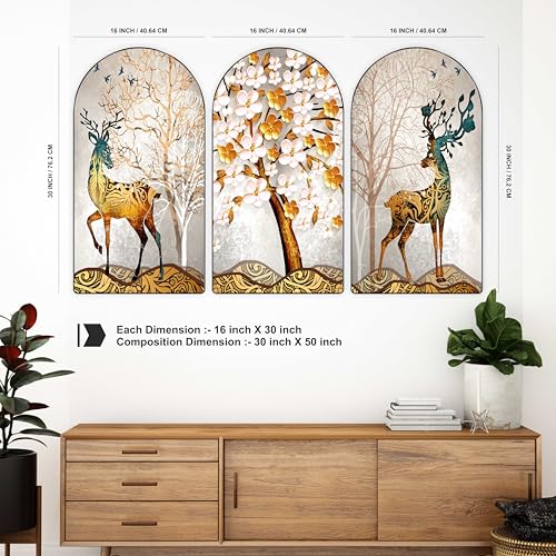 Image of Livin'luxe Set of 3 Golden deer with vastu money Tree Wall Painting for Living Room, Bedroom, Hotels - Big Size stylish frame 50 inch x 30 inch Wall Art for Home Decoration RPNL-12