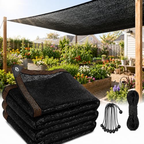PJT 75% Shade Cloth for Garden 12x20 FT Breathable HDPE Sun Shade Cover for Chicken Coop & Dog Kennel UV Resistant Mesh with Reinforced Edges Grommets & Bungee Cords for Plants Greenhouse & Patio