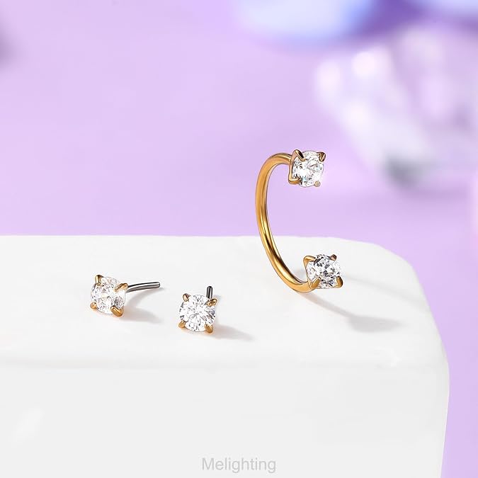 Melighting 20G Horseshoe Nose Rings Stainless Steel 316L, Double Cubic Zirconia Threadless Push in Nose Stud Hoop Piercing, Cartilage Lip Helix Piercing Jewellery for Women 7/8/9 mm