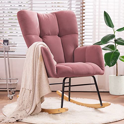 Image of NIOIIKIT Nursery Rocking Chair Velvet Upholstered Glider Rocker Rocking Accent Chair Padded Seat with High Backrest Armchair Comfy Side Chair for Living Room Bedroom Offices (Pink Velvet)