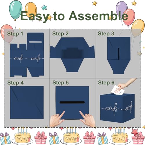 Image of Navy Blue Card Box with Silver Foil Design, Paperboard 8.7 inch Card Box for Birthday Wedding Party Graduation Retirement Anniversary Valentine's Day & Baby Showers, Raffle or Money Box