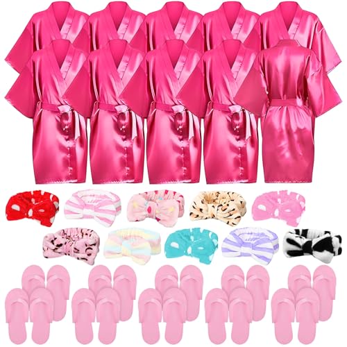 YFNVH 30 piezas de suministros de fiesta de spa para niñas incluyen 10 batas tipo kimono de satén de seda, 10 diademas suaves de spa, 10 pantuflas de espuma rosa para niños, niñas, suministros de