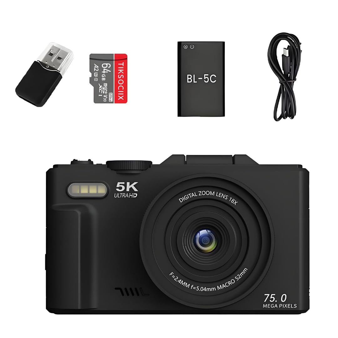 Optinexo 5K Digital Compact Camera Digitale con 18X Zoom Ottico, Schermo Orientabile 180°, 75 Milioni di Pixel, Scheda di Memoria 64 Gb Inclusa, Ideale per Viaggiatori e Principianti