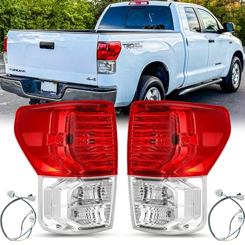 Tail Lights Assembly Pair with Wiring Harnesses for 2007 2008 2009 2010 2011 2012 2013 Toyota Tundra Red Taillights Rear Back Brake Lamps Left Driver and Right Passenger Side Chrome Housing Clear Lens