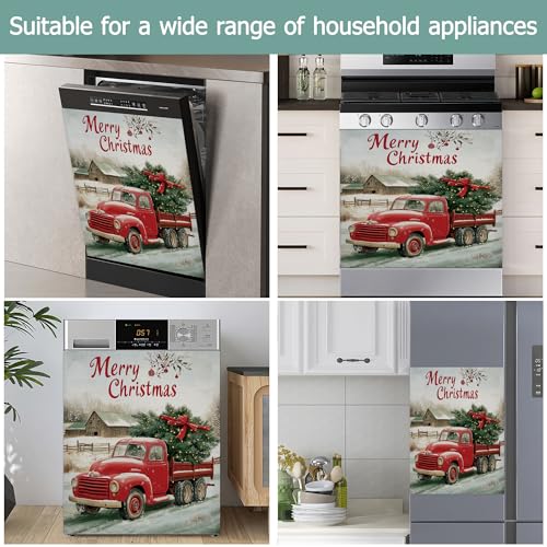 Image of Christmas Red Truck Dishwasher Magnets Decorative Cover,Winter Xmas Tree Waterproof Magnetic Dishwasher Cover Panel,Refrigerator Magnet Cover for Kitchen Home Decor 23x26 Inch