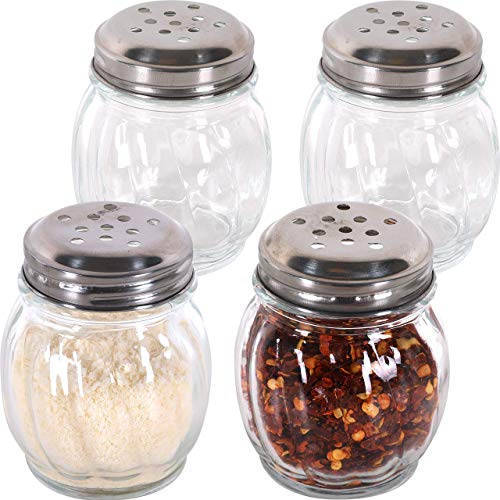 Image of Mr. Kitchen's Red Pepper Shaker or Parmesan Cheese Shaker; Bulk Swirl Glass Cheese Shaker Set with Perforated Stainless Steel Lid (Set of 6)