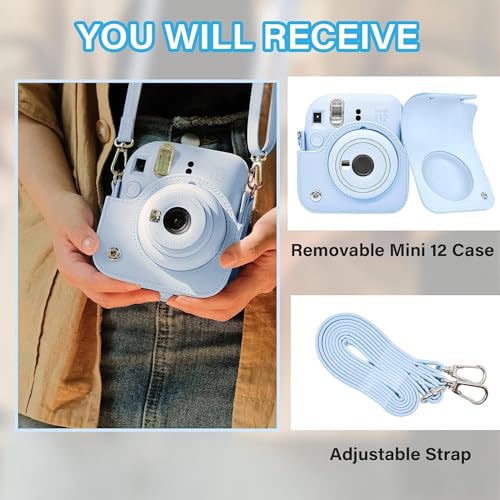 Image of Breatoi PU Leather Camera Case for Mini 12 - Rainproof, Soft, and Stylish in Pastel Blue with Adjustable Shoulder Strap