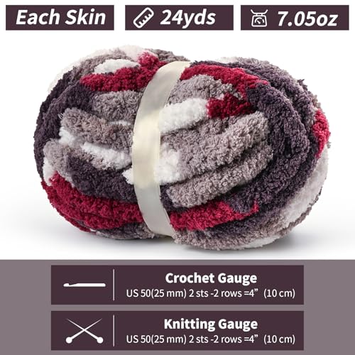 Image of 10 Pack Jumbo Chunky Yarn for Hand Knitting, Fluffy Chunky Chenille Yarn for Crocheting, Variegated Chunky Knit Baby Blanket Yarn, 240 yds /70.5 oz Super Bulky Yarn（White-Grey-Wine Red ）