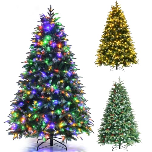 GYMAX 5FT/6FT Pre-Lit Artificial Christmas Tree, Hinged Xmas Tree with 581/899 Branch Tips, 250/350 LED Lights, Pine Cones & Red Berries, 11 Lighting Modes, Holiday Decor Tree (180cm)