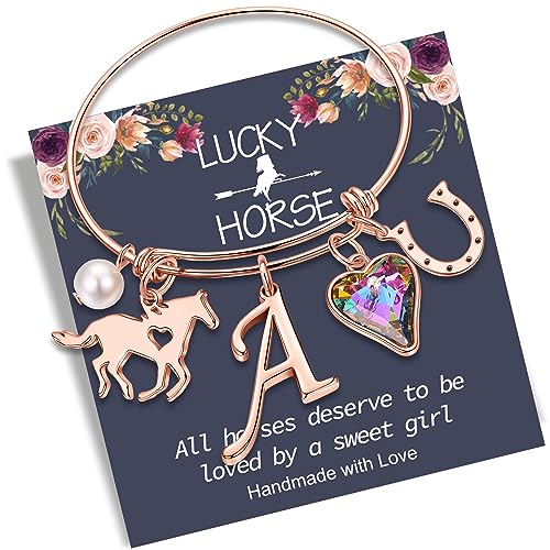 Anoup Horse Gifts for Girls - Horse Bracelets, 14K White/Rose Gold Plated Stainless Steel Bracelets | CZ Heart Horseshoe Initial Pearl | Horse Stuff | Birthday Day Gifts for Horse Lovers