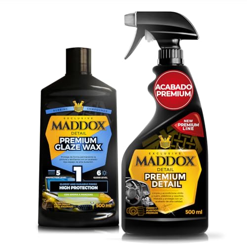 Maddox Detail - Pack de Protección y Brillo para Coche | Limpieza de Salpicadero y Cera Carnauba para Exteriores | Cuidado y Brillo de la Pintura del Vehículo | Premium Detail + Premium Glaze Wax