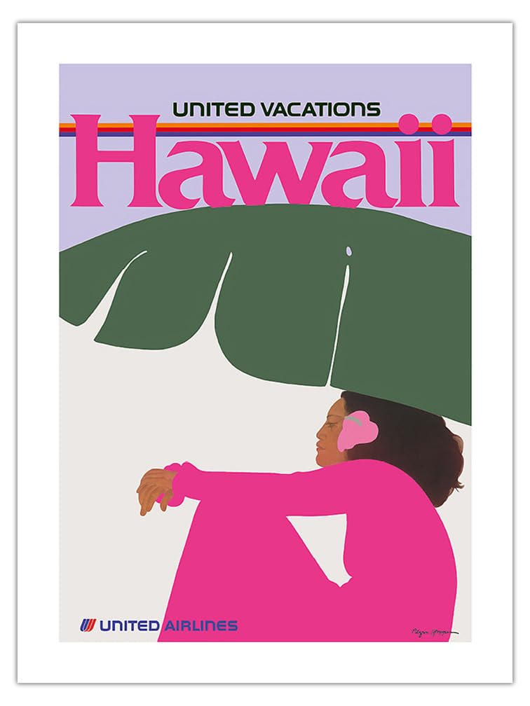 Hawaii - Lady in Pink - United Air Lines - Vintage Airline Travel Poster by Pegge Hopper - Bamboo Fine Art 290gsm Paper Print (Unframed) 24x32in
