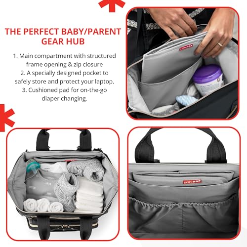 Image of Skip Hop Diaper Bag Backpack: Mainframe Large Capacity Wide Open Structure with Changing Pad & Stroller Attachement, Black with Gold Trim, 14.25x6.25x14.75 Inch (Pack of 3)