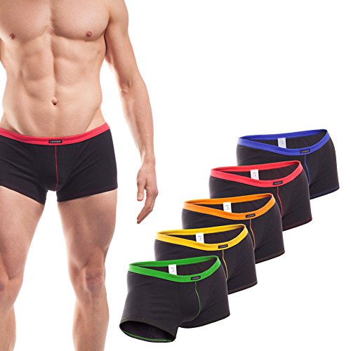 WOJOER Herren Boxer Shorts, Cotton Stretch Shorts eng anliegend, 5erPack grün/gelb/orange/rot/blau, Designer Unterwäsche vom Innovations-Label, Made IN Germany Cover