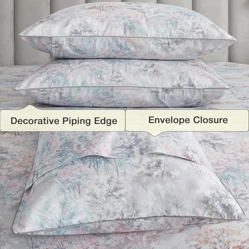 Image of Shabby Tree Patterned Chic Percale Sheets King Size, 100% Cotton Toile Deep Pocket Vintage Sheet Set, Crisp Soft Grey Forest Aesthetic Bed Sheets, Luxury Farmhouse Bedding Sets, 4Pcs