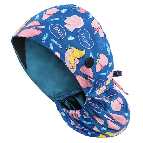 Image of Satin Lined Scrub Cap for Women, Bouffant Nurse Cap with Sweatband and Buttons, Adjustable Surgical Hat for Curly Hair, Braids, Long Hair and Buns, Midnight Anatomy