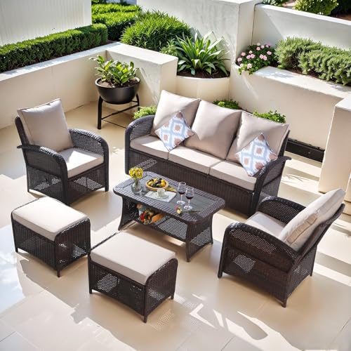 6 Pieces Patio Furniture Set with Reclining Chairs, Outdoor Sectional Rattan Conversation Set with Ottoman and Coffee Table, High Back Wicker Sofa Chairs Sets with Funiture Cover for Porch Deck Garden