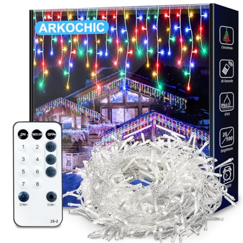 ARKOCHIC 10 m Cortina luzes de Natal exterior varanda, 320 LED em cascata luzes de natal exteriores IP65, impermeável, com 8 modos de memória, multicolorido Natal decoração para janela, interior
