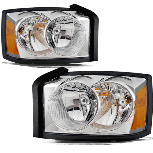 Aosky Headlight Assembly Fits for 2005 2006 2007 Dodge Dakota OE Replacement OE Headlamp Chrome Housing Amber Reflector Driver and Passenger Pair