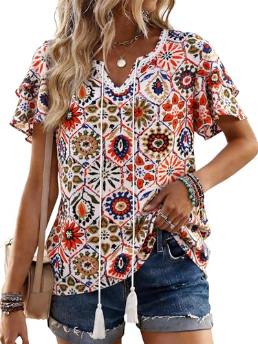 Bellcoco Womens Summer Boho Tops Short Sleeve Peplum Blouses V Neck Bohemian Shirt Tie Front Tunic Vacation Clothes Multicolored Floral Medium