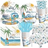 HIPVVILD Surf First Birthday Party Supplies Boy - Surfing The Big One Birthday Decorations Tableware, Plate, Cup, Napkin, Cutlery, Tablecloth, Summer Beach Surf Party Decor | Serve 24