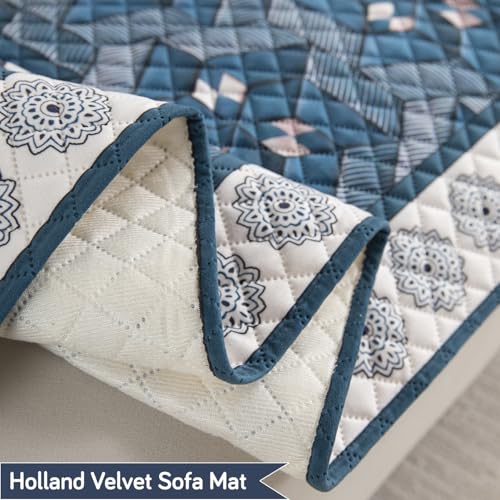 Image of HOKIPO 'LiefNest' Holland Velvet Sofa Cover Mat with Foam Filling for 1 /2 /3 Seater & L-Shape Sofa. Make Your Own Sofa Cover Set, Mat Size: 180(L) cm, Geometric Floral Oriental Blue (IN-825-D4)