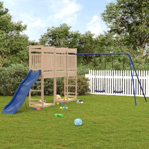 CHARMMA Outdoor Playset Natural Wood,Blue Solid Pine Wood,Polypropylene,Swing Sets & Playsets-3157039