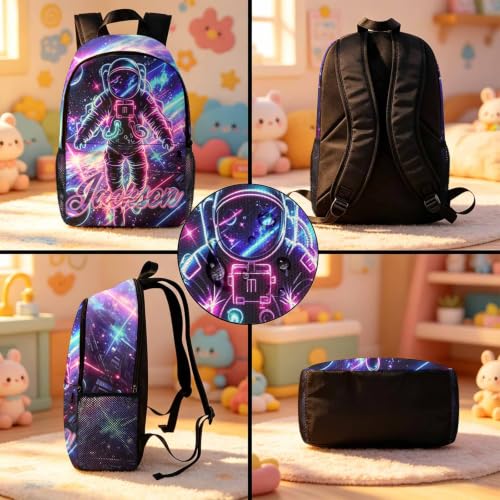 Image of Custom Kids Backpack for Boys Toddler Backpacks Back to School Bookbag Set | Kid Personalized Backpack with Lunch Bag Boys Kindergarten Elementary Preschool Daypack Birthday Gifts Neon Sci-Fi Space Man