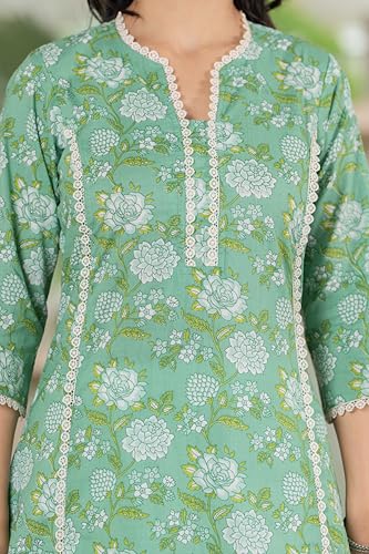 Image of Women's Cotton Straight Kurti with Geometric Print, 3 /4 Sleeves, Lace Trim Detail, Regular Fit, Casual Wear