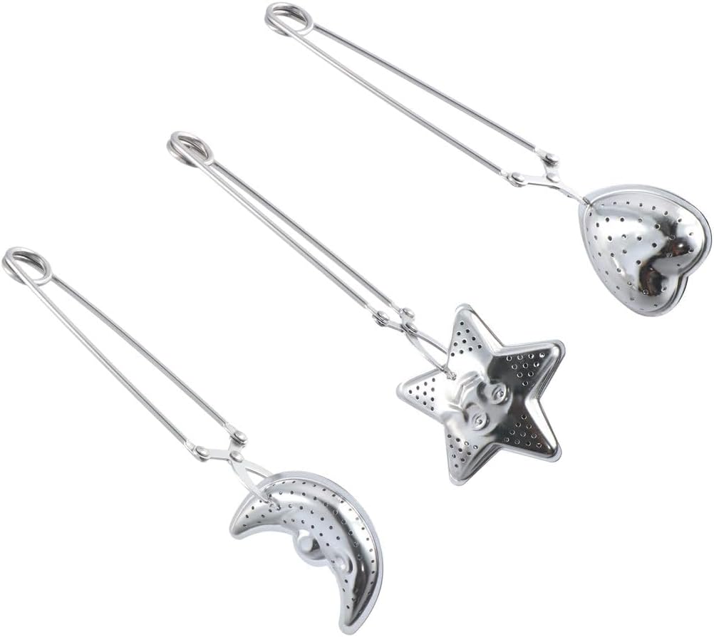 3 Pcs Stainless Steel Tea Filters Tea Snap Balls Strainer Reusable Moon Star Heart Shaped Tea Infuser with Long Handle for Loose Leaf Tea