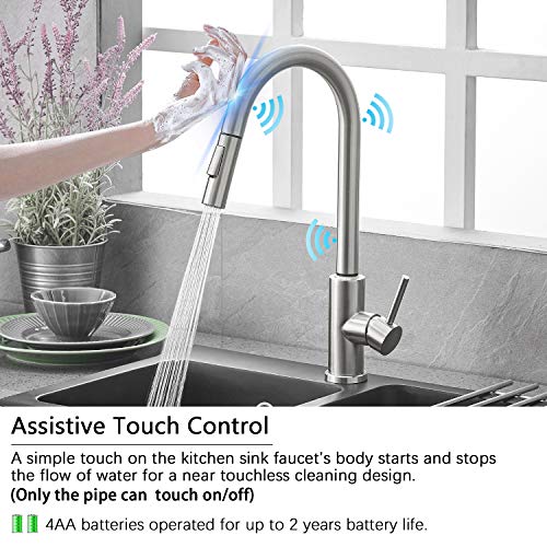 Qomolangma Touch Sensor Kitchen Faucets with Pull Down Sprayer, Touch On Single Handle Kitchen Sink Faucet with Pull Out Sprayer, Stainless Steel, Fingerprint Resistant,Brushed Nickel