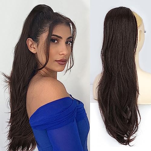 PORSMEER Ponytail Extension,Drawstring Ponytail Hair Extensions Black Color 26 Inch Long Natural Straight Wavy End Synthetic Hairpiece for Women Girls Daily Use/Party