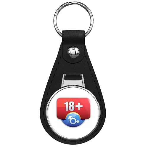 18+ Eighteen Plus Adult Black Leather Key Chain Keychain Silver
