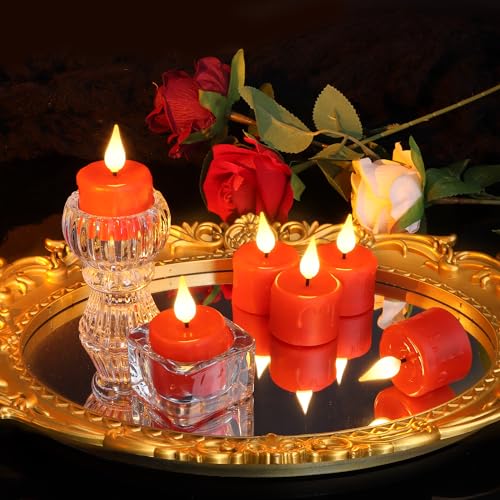 Image of Rechargeable Flameless Tea Lights with Charging Base and USB Cable, Remote Control and Timer, Realistic Flickering Warm White Light, 6 Pack Red LED Candles