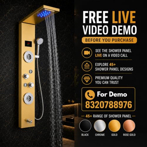 Image of Stainless Steel 304 Grade Shower Panel 8in1+ Extra Large 3Ways Hand Shower With LED Rainfall Waterfall 2Body Massage 4Mist Spray Temperature Display Shower Panel (Gold)