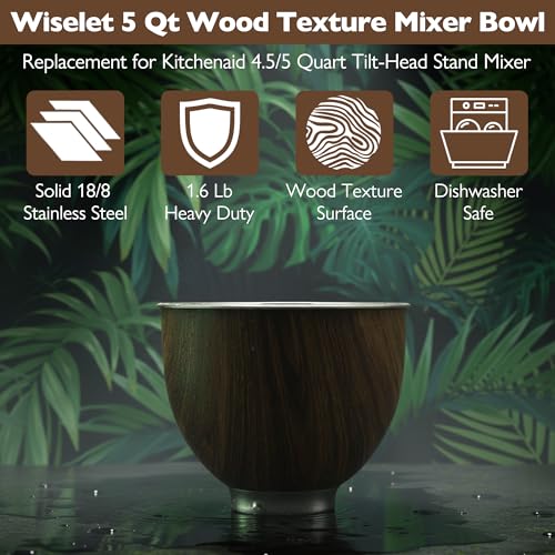 Image of Stainless Steel 5 Quart Mixer Bowl for Kitchenaid Classic&Artisan Tilt Head Stand Mixer, Wood Texture, Fit for K45, KSM75, KSM90, KSM150, Heavy Duty, Dishwasher Safe