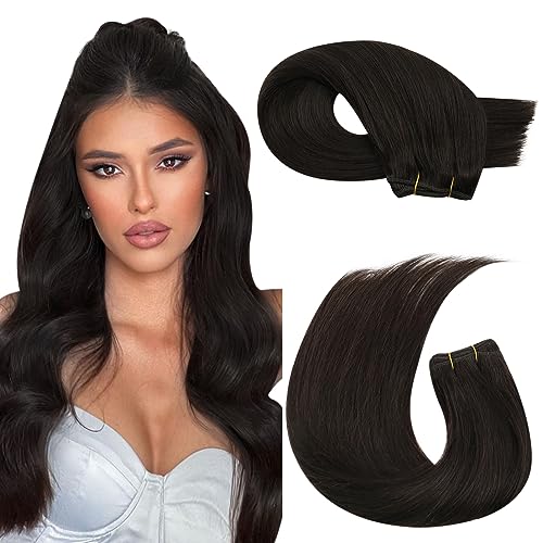 Moresoo Weft Hair Extensions Human Hair Dark Brown Full Head Sew in Hair Extensions Dark Brown Thick Human Hair 14 Inch 100g/Pack #2