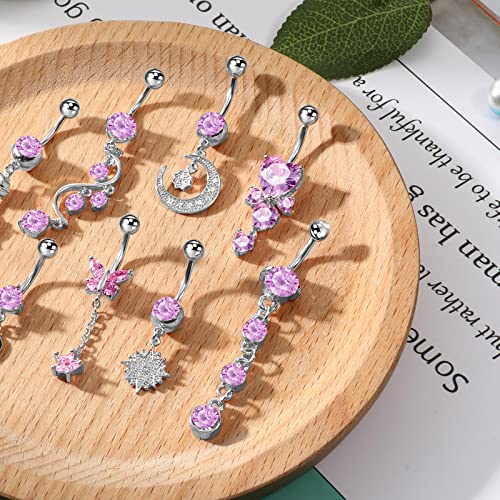8 Pieces 14G Belly Button Rings Steel Long Dangle Navel Ring Cz Body Piercing Jewelry #TOP2