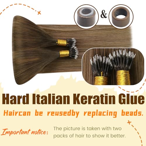 Ugeat Nano Link Bead Hair Extensions Human Hair Nano Extensions Dark Brown Mix Golden Blonde Nano Human Hair Extensions for Short Hair 14 inch #4/10/16 50 Grams - Image 3