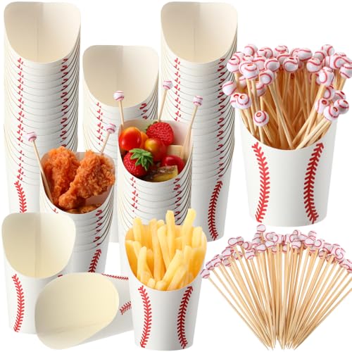 Jingmore 50 Pcs Baseball Charcuterie Cups with 100 Bamboo Cocktail Picks, 12 oz Disposable Cardboard Snack Dessert Appetizer French Fry Cups for Baseball Birthday Party Supplies Decoration