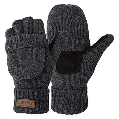 OMECHY Winter Knitted Fingerless Wool Gloves Thermal Insulation Warm Convertible Mittens Flap Cover